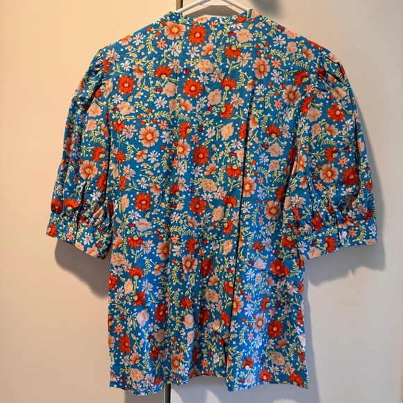Loft Large cotton half button down puffy sleeves flowers - Picture 4 of 12